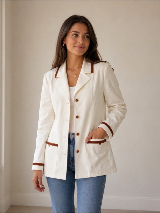 St. John Jackets & Blazers - Vintage St. John Sport By Marie Gray White with Tan Trim Blazer size Small